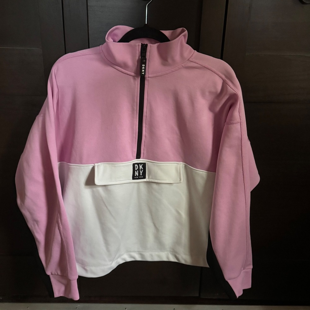 DKNY Sport Women Pink Colorblock Quarter Zip Pullover Size XL Good
